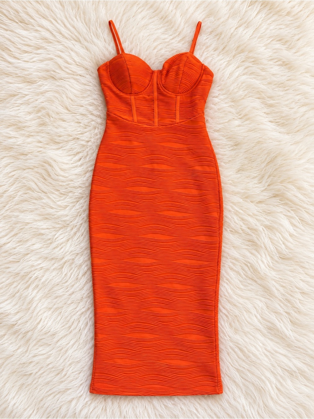 Lulus Undeniable Icon Orange Textured Bustier Bodycon Midi Dress
